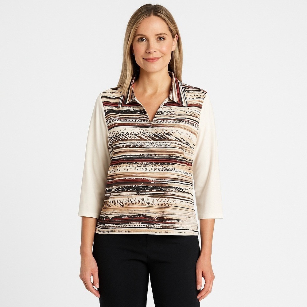 Zenergy Golf by Chico's Polo Shirt 3/4 Sleeve White Abstract Print Womens Large